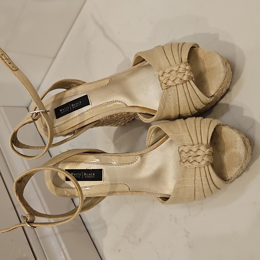 White House Black Market Tan Woven Platform Ankle-Strap Sandals